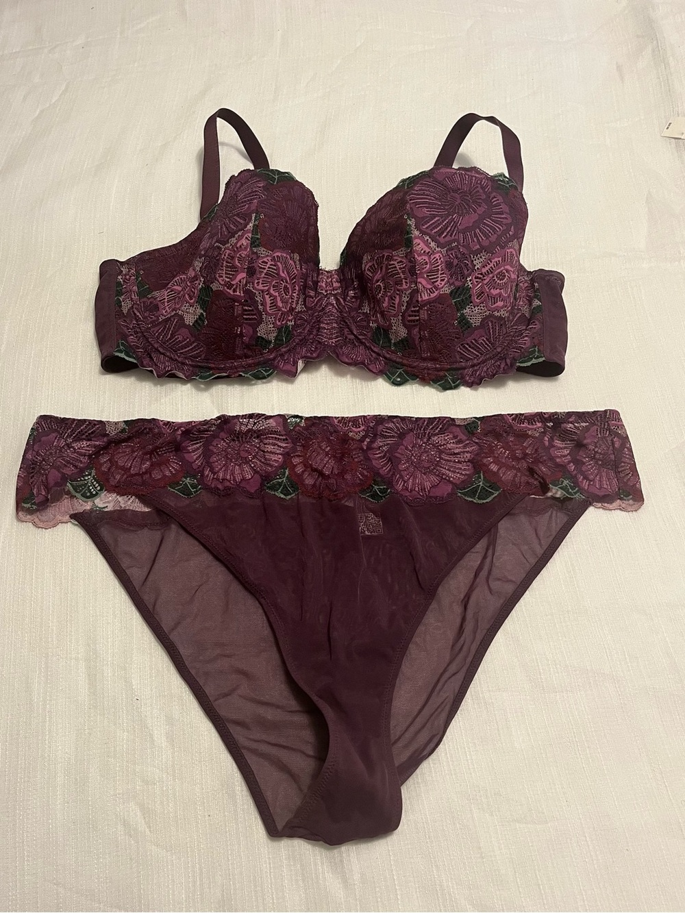 Adore Me Plum Floral Lace Underwire Bra & Sheer Bikini Panty